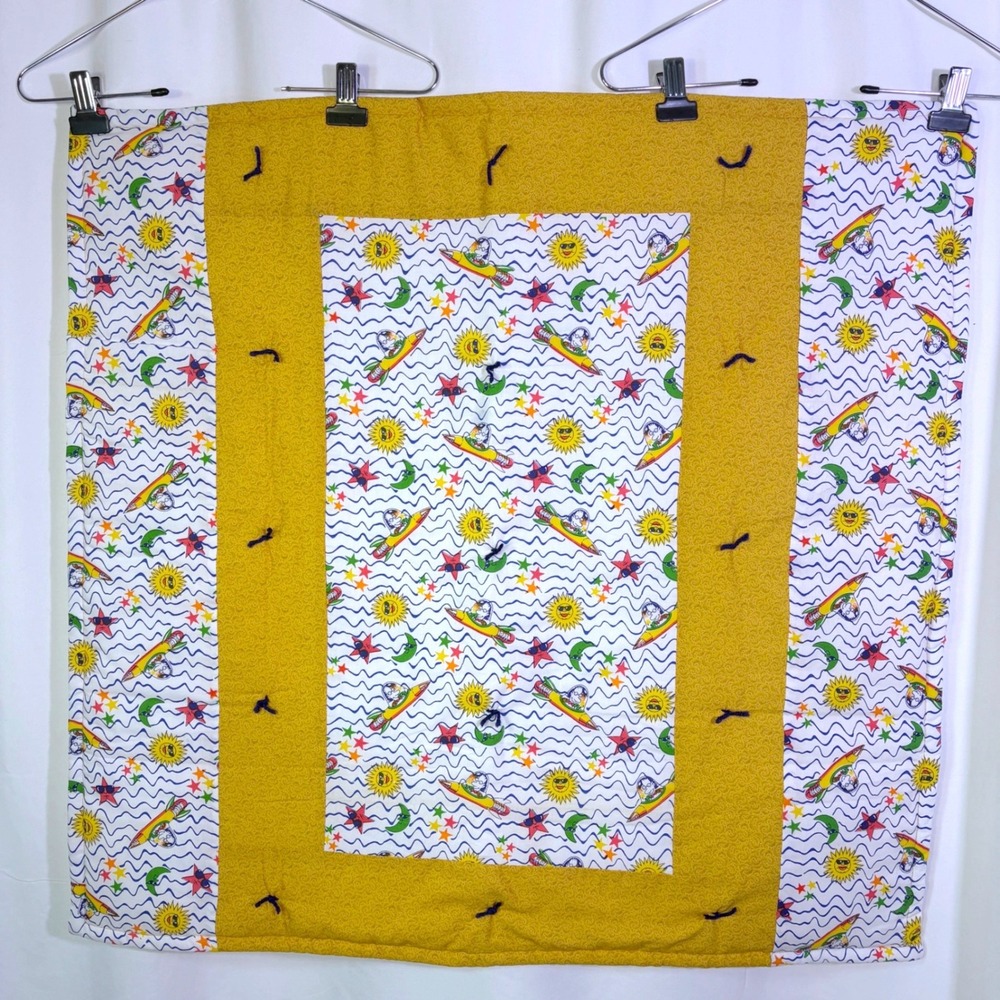 Handmade Baby Quilt Space Unisex 32x32 Cotton Yellow Blue Space Rocket Sun Star